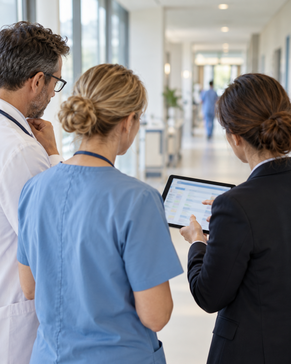 Klinisches Team bespricht die digitale Patientenakte auf einem Tablet