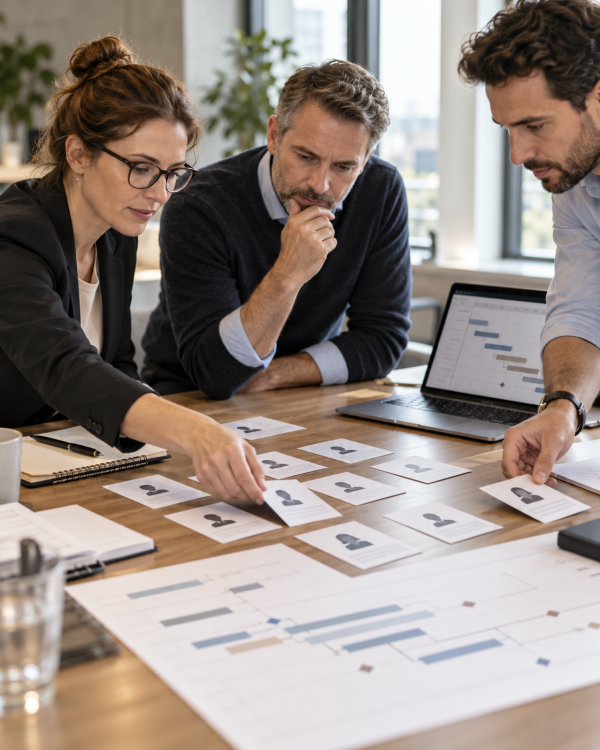 Projektteam bespricht Fachkräfte und Zeitplan für eine SAP-Transformation